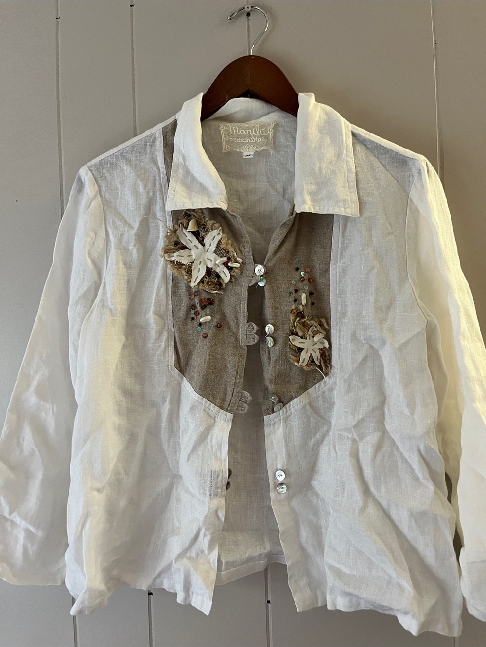 Marilla White Linen Button-Front Shirt with Taupe Embellished Yoke